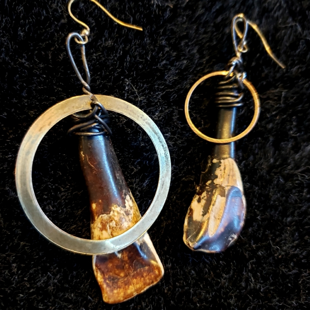 Buffalo tooth + brass ring earrings
